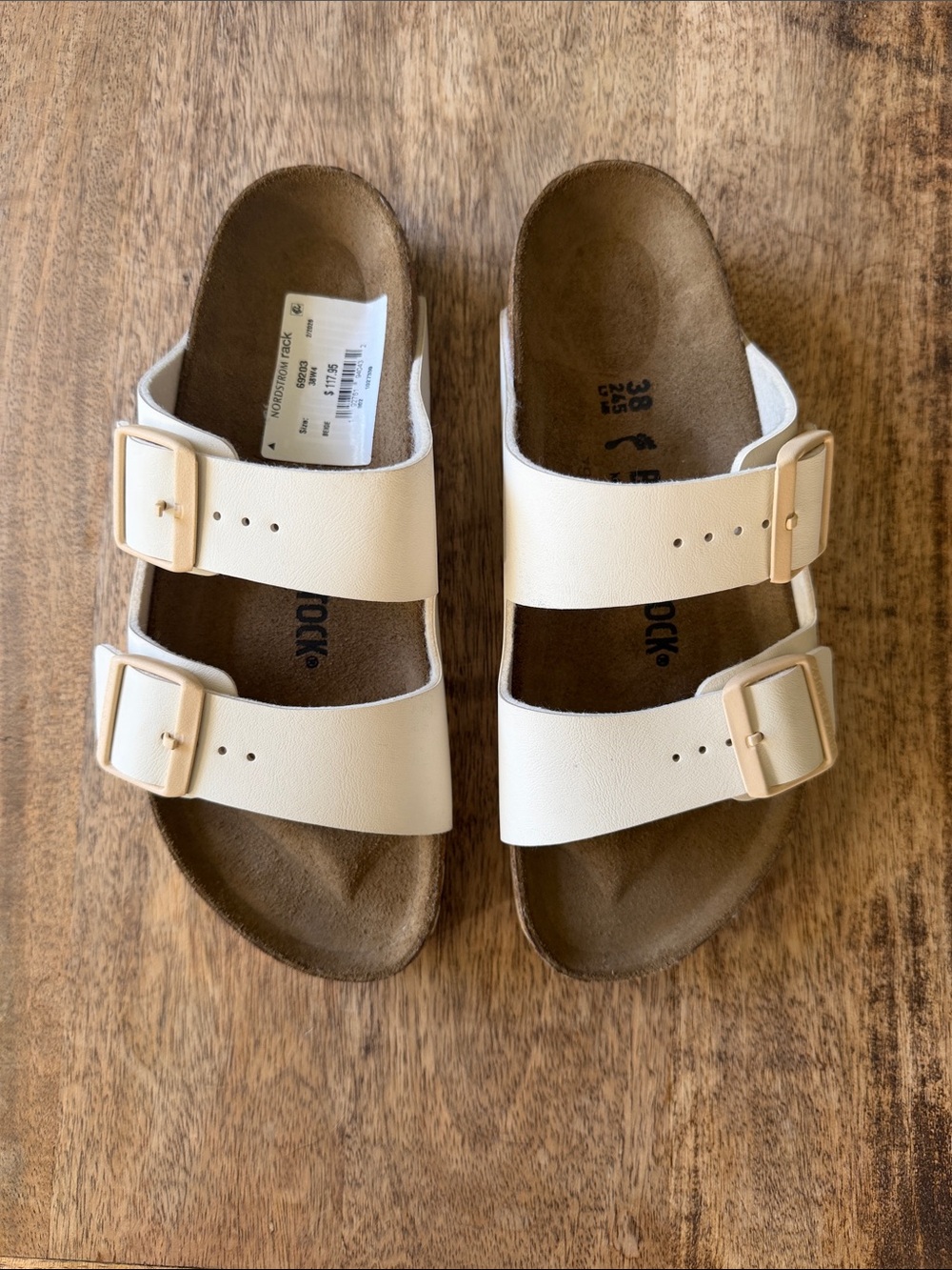 NWT Birkenstock Two-Strap Sandals in Cream with Gold Buckles